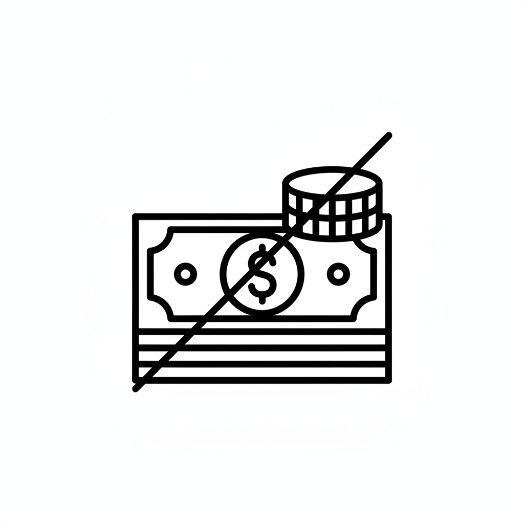 黒色線画のお金アイコンとし、上に斜線が乗っているアイコン