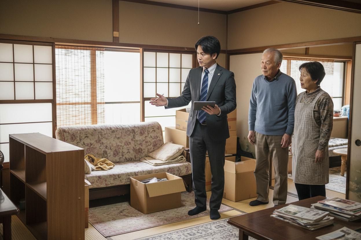 自宅訪問して、家具や粗大ごみを指さしながら日本人が自宅内を確認しながら見積をしている風景